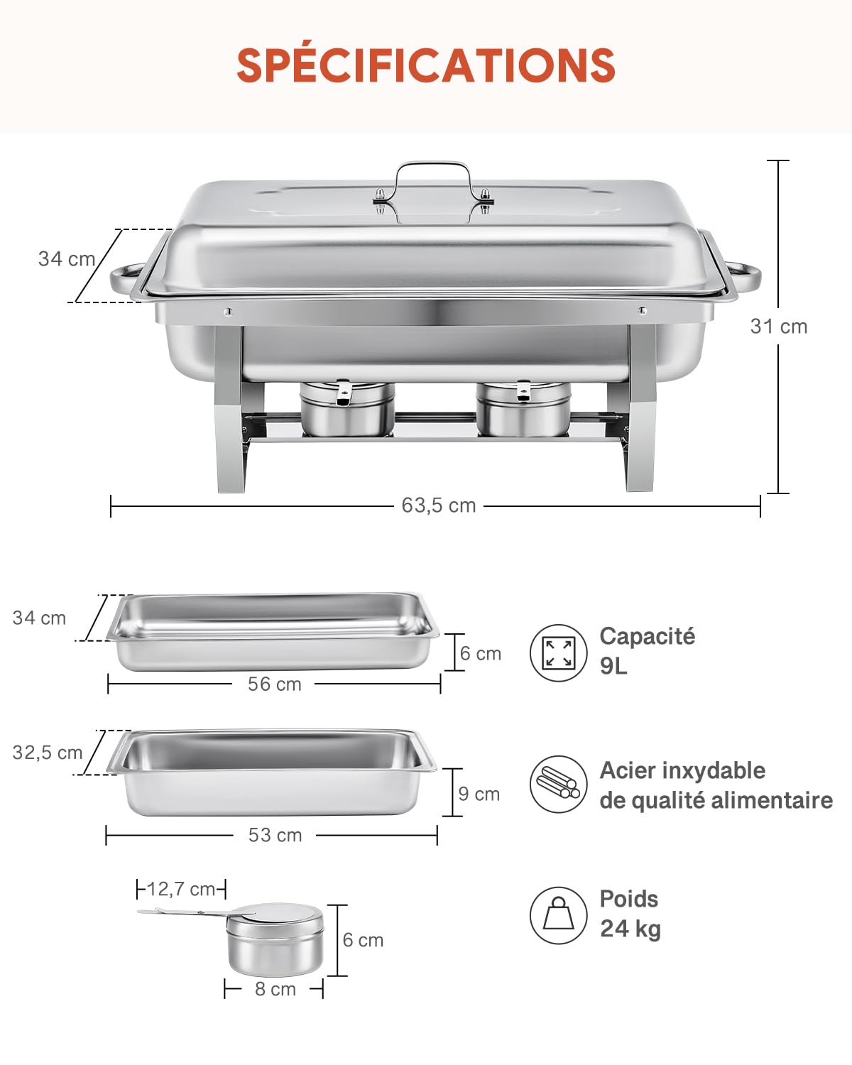 Wilprep Lot de 6 Chafing Dish 9L Chauffe-Plats en Acier Inoxydable Buffets Chauffants pour Maison Restaurants Fêtes Mariages Pique-Niques
