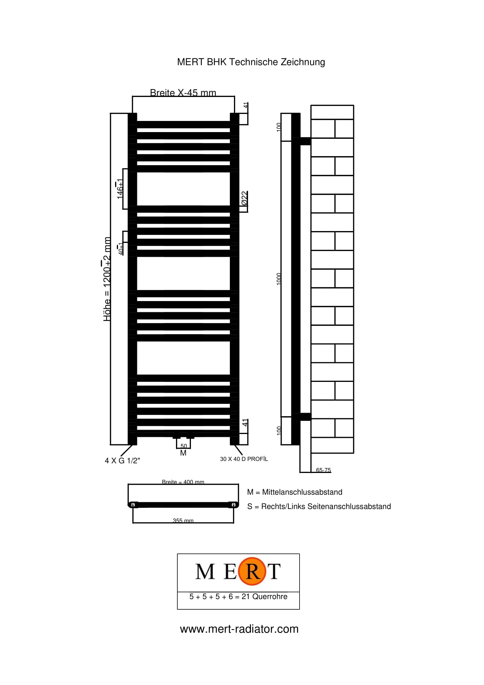 Mert Ogrzewanie elektryczne lub ciepłej wody, 1/2 cala, grzejnik łazienkowy, 1200 x 400 cm, przyłącze środkowe, 50 mm, biały, wieszak na ręczniki do montażu na ścianie
