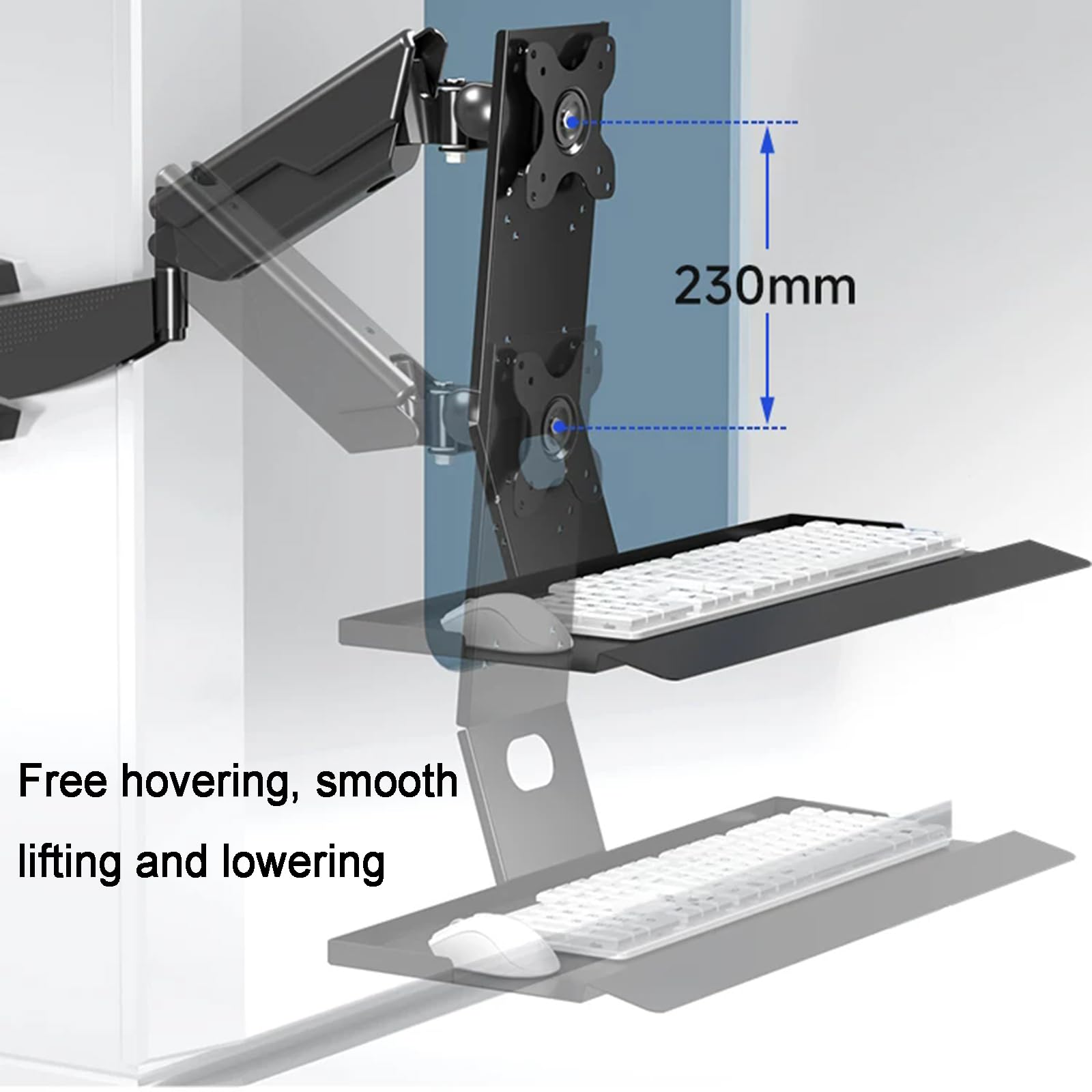 Postazione di lavoro sit-stand, supporto regolabile per monitor e tastiera, braccio a molla a gas, vassoio pieghevole, carico massimo 22 kg, adatto a schermi da 17 a 35 pollici