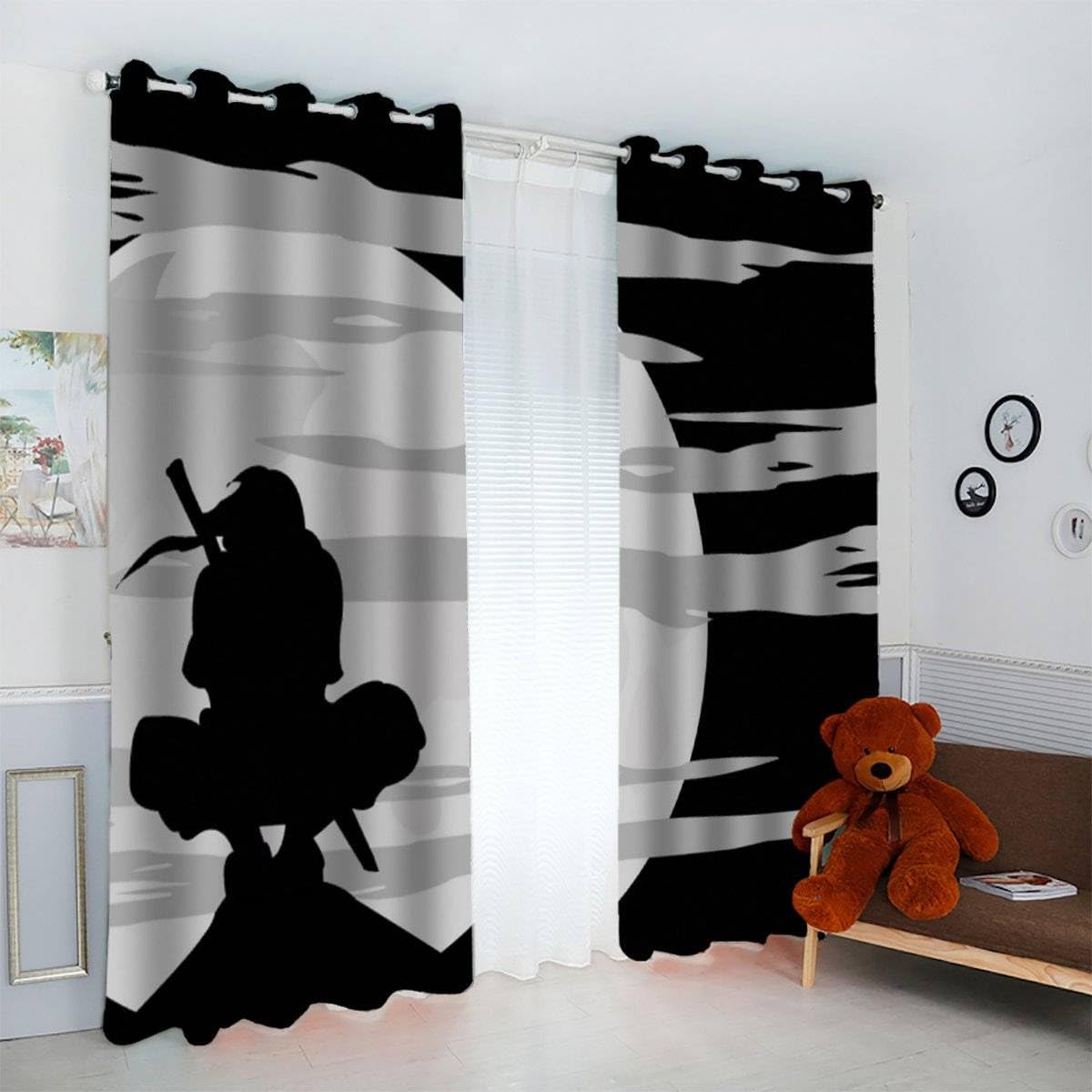3D Manga Vorhänge Abdunkelnd mit ösen 200x160 cm Polyester Scheibengardinen Ninja-Mond Gardinen Blickdicht 2er Set Schallschutz Vorhang für Kinderzimmer Wohnzimmer Schlafzimmer