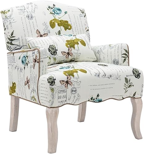 Shunzhi Sillas decorativas de mediados de siglo, moderno sillón floral tapizado, silla de lectura de lino, cómodo sofá individual con almohada para