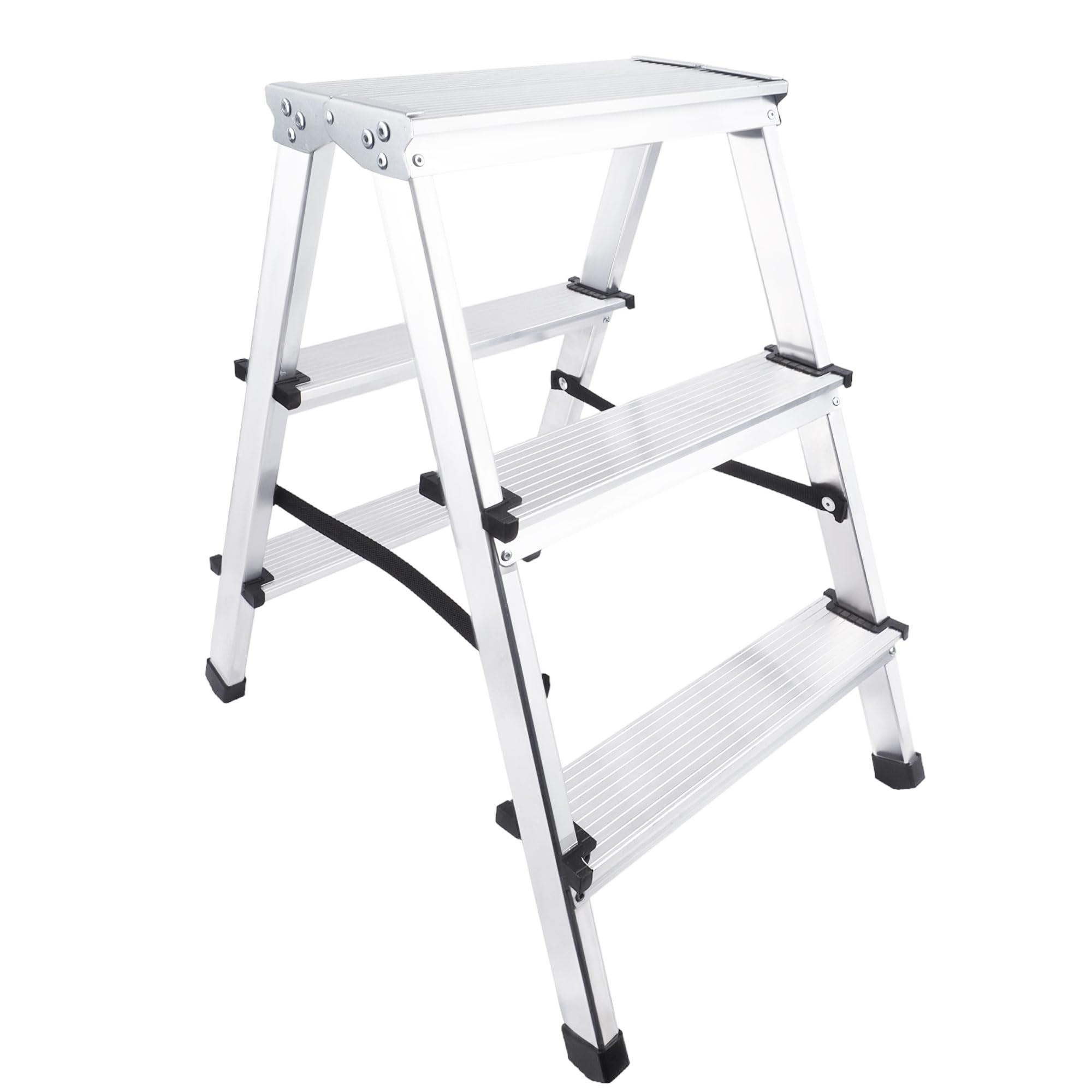 Drabina schodkowa, 3 stopnie aluminiowa, drabina stojąca, drabina wielofunkcyjna, składana, obciążenie do 125 kg, kolor srebrno-czarny