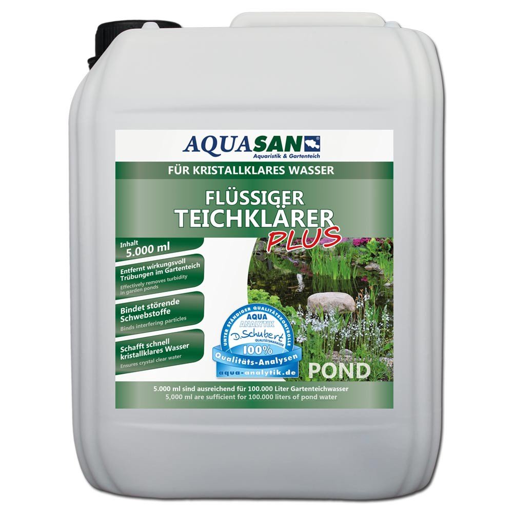 AQUASAN Gartenteich Flüssiger TeichKlärer Plus (Sorgt schnell für kristallklares Wasser im Teich, bindet die Schwebstoffe im Teich-Wasser - Teichklar), Inhalt:5 Liter