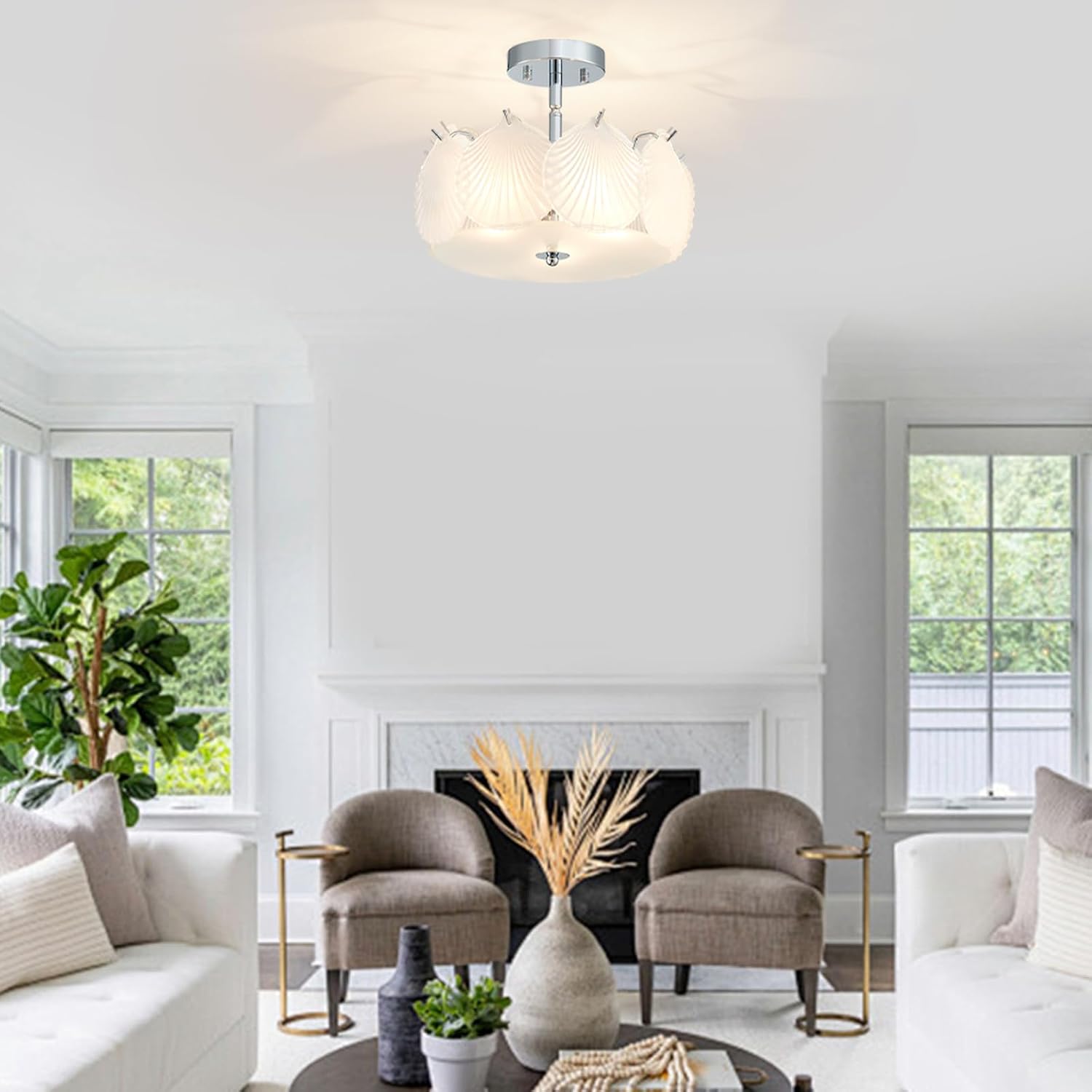 12.6" Modern Ceiling 3-Light Small Shell Glass Chandelier Round Coastal Semi Flush Mount Ceiling Light Fixture for Bedroom Dining Room Living Room Hallway, Chorme