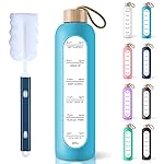PROBTTL 32 Oz Borosilicate Glass Water Bottle with Time Marker Reminder Quotes, 1 Liter Leak Proof Reusable BPA Free Motivational Water Bottles with Silicone Sleeve and Bamboo Lid (Sky Blue)