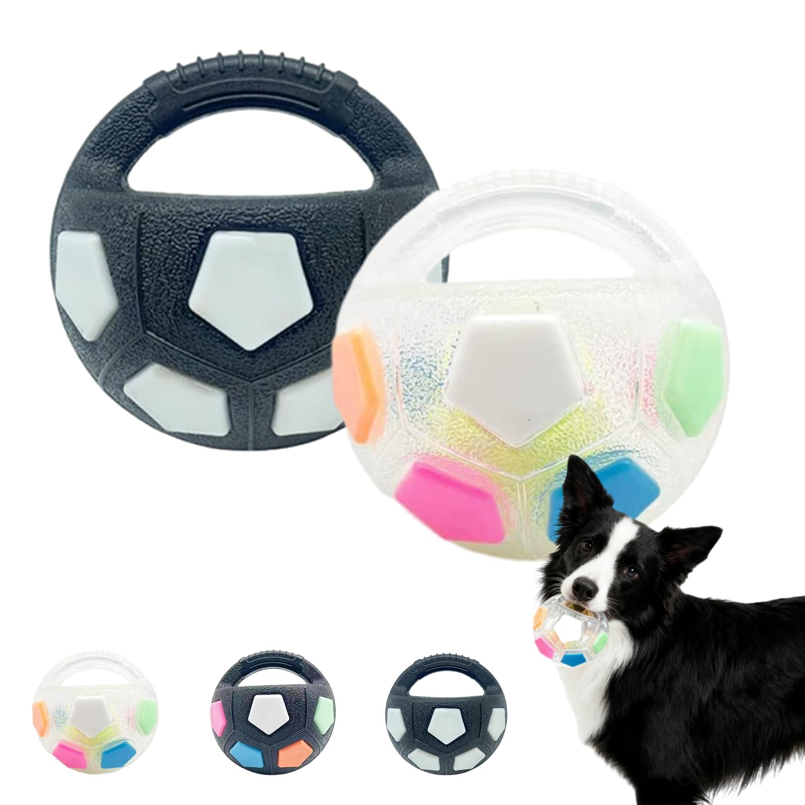 The Mellow Dog Calming Ball with Handle, Pet Dog Football Shape Toy, Rubber, Squeaky, Suitable, Interactive Pet Toy, for Water Play, Training & Outdoor Games (Black 2+White)