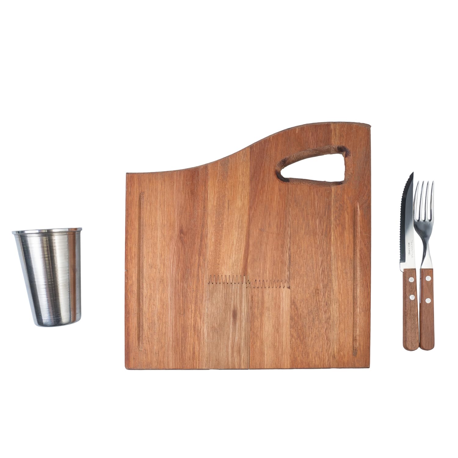 Set Asado Barbacoa Premium con Tabla Madera Vaso Cuchillo Tenedor Artesanal Argentino