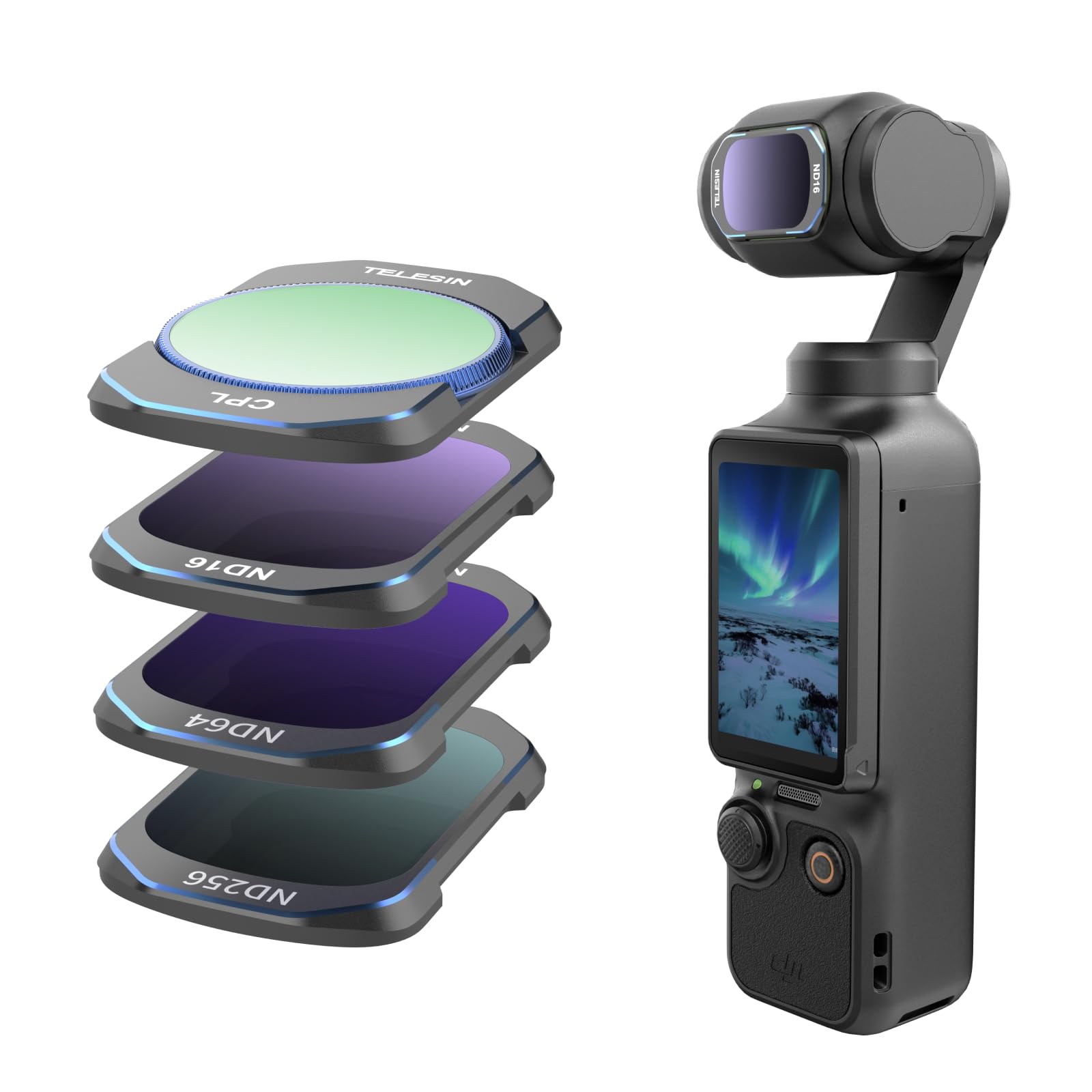 TELESIN Kit de fixation magnétique d'objectif pour DJI Osmo Pocket 3, lot de 4 CPL ND16 ND64 ND256 Densité Neutre Polarisant HD Ultra Mince Lentille en Verre Corning Filter Lens Protector Kit pour