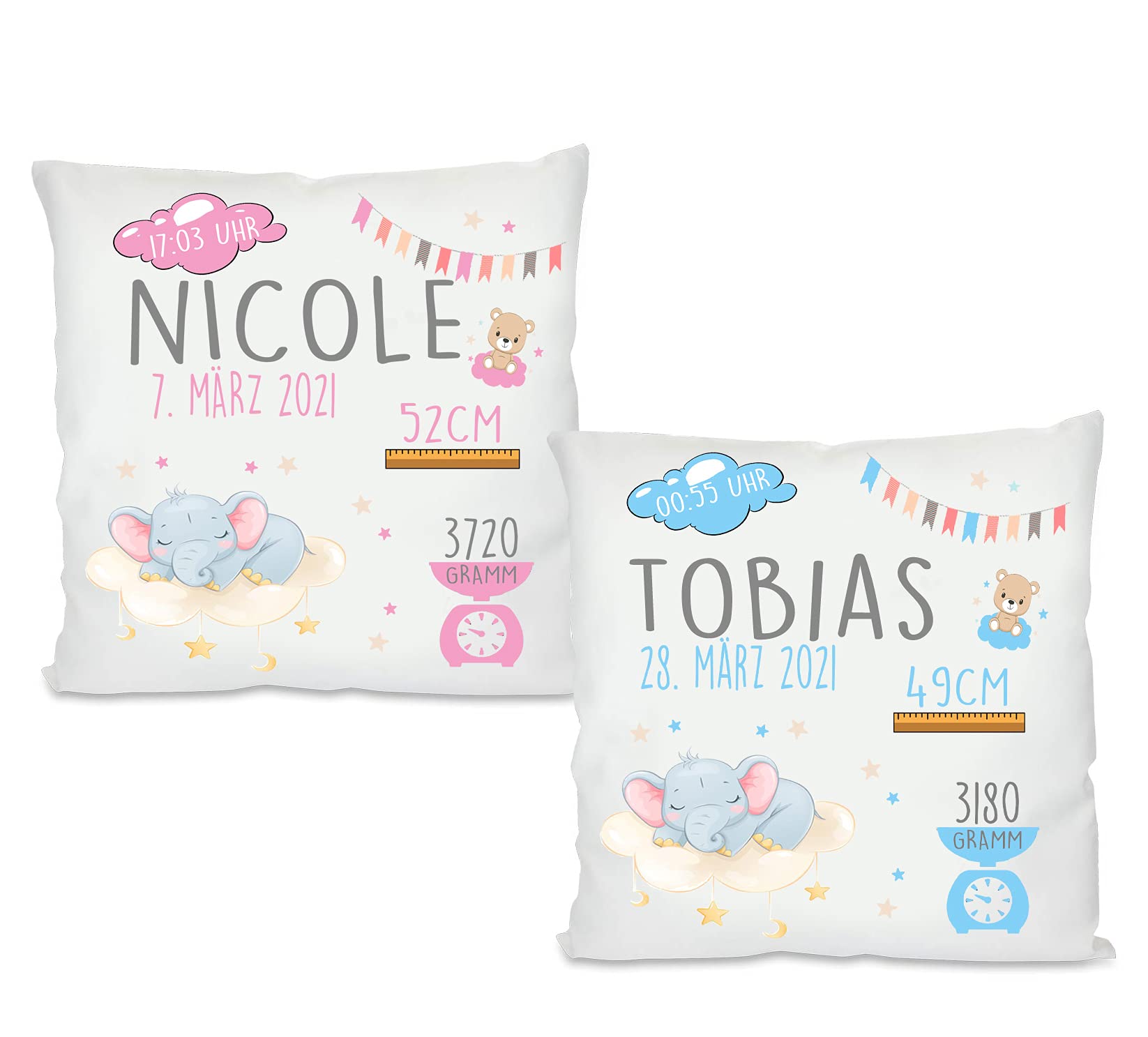 Personalisiertes Geburtskissen mit Namen und Geburtsdaten für Jungen und Mädchen inkl. Füllung 40x40cm | Foto Babykissen| bedrucktes Kissen | Geschenke zur Geburt, Taufe (Mädchen, mit Kissenfüllung)