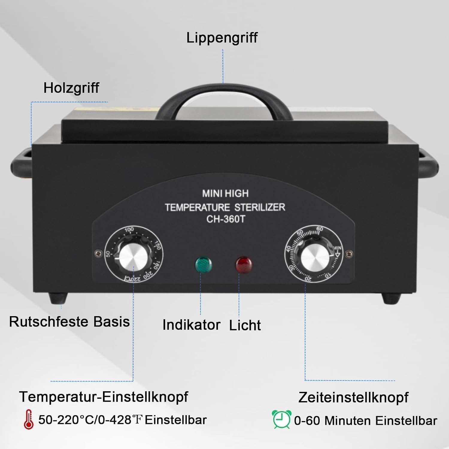 300W Heißluftsterilisator Desinfektion 220℃ Sterilisationsgerät Hochtemperatur Sterilisator Desinfektionsschrank für Nagelwerkzeuge, Schönheitssalon, Friseursalon, Timer 1-60 Minuten (Schwarz)