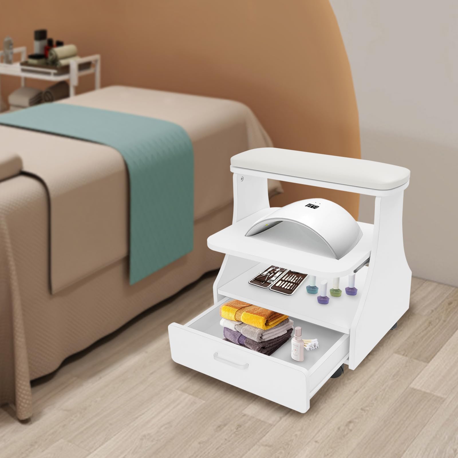 Kosmetikerin Trolley Wagen Maniküre-Pediküre-Wagen mit Rädern und Schublade Weiß für Schönheitssalons