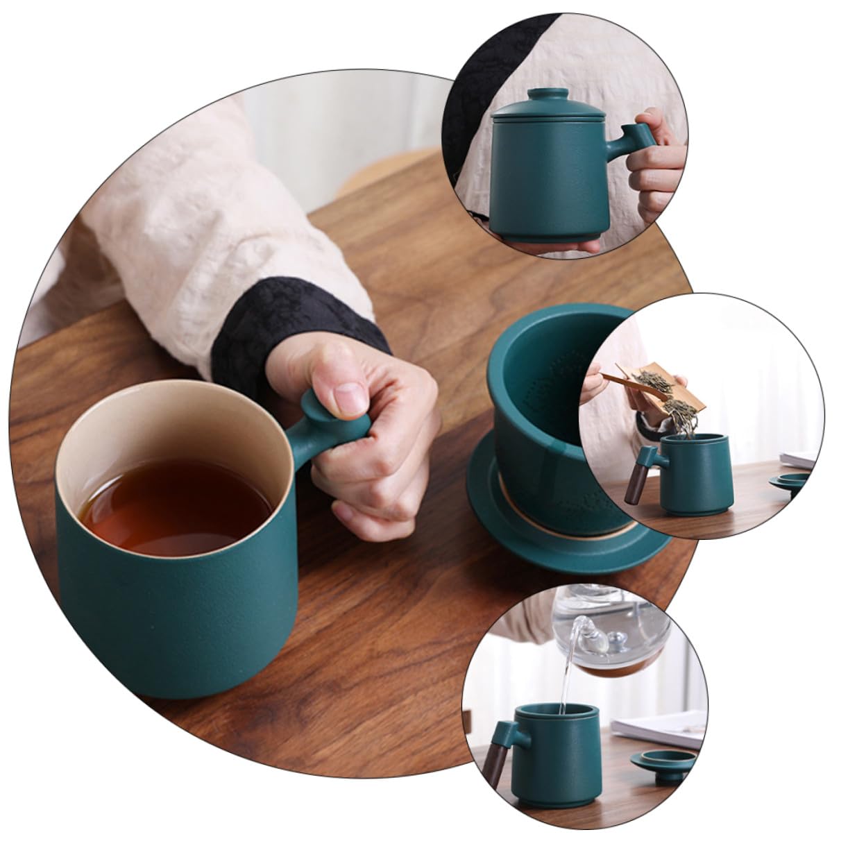 Mikinona Juego de Tazas de Cerámica Verde de 400ml con Infusor y Tapa, Mango de Madera, Diseño Clásico Retro, Antiescaldado y Fácil Limpieza para Té o Café