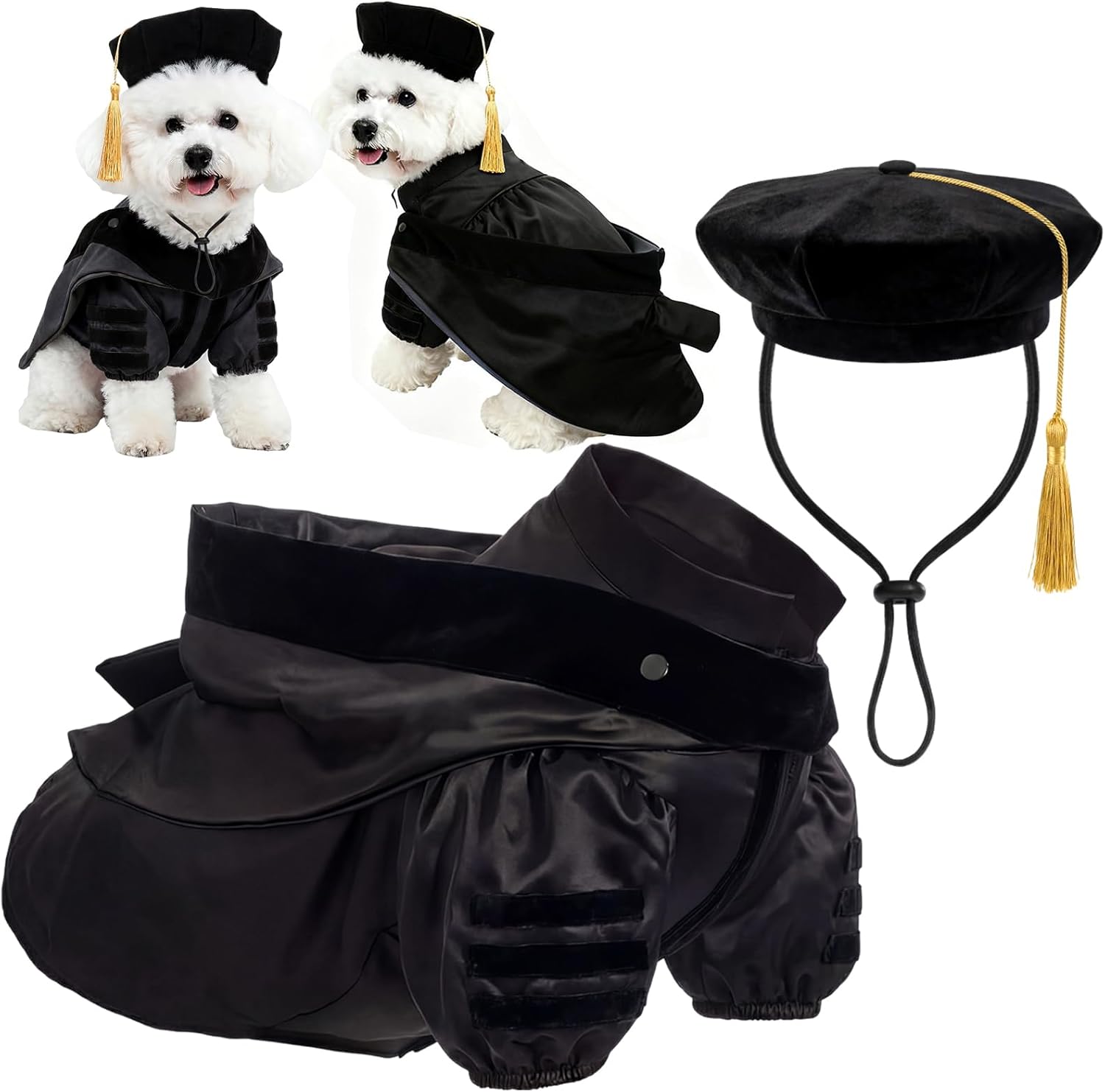 Huhumy 3 Pcs Dog Cat Graduation Doctoral Costume Set, 2026 Pet Phd Graduation Cap and Deluxe Doctoral Gown with Hood Side Tam Puppy Kitty Dogs Grad Holiday Party Costume Accessory(Black,XL)