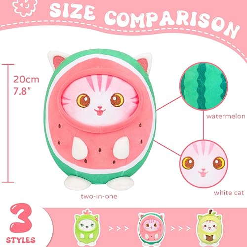 Miniatura 7 de AIXINI Bonita almohada de peluche de gato sandía de 8 pulgadas, suave peluche Kawaii con traje de fruta, regalo para niños