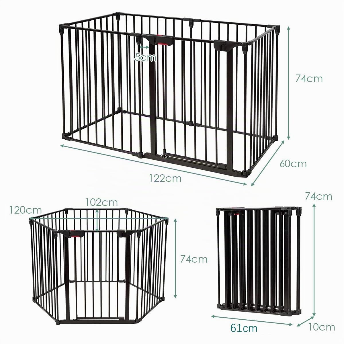 COSTWAY Kaminschutzgitter klappbar, Laufgitter mit Sicherheitstür, Ofenschutzgitter inkl. Wandhalterung, Konfigurationsgitter aus Metall, Absperrgitter(Schwarz, 6 Elemente)