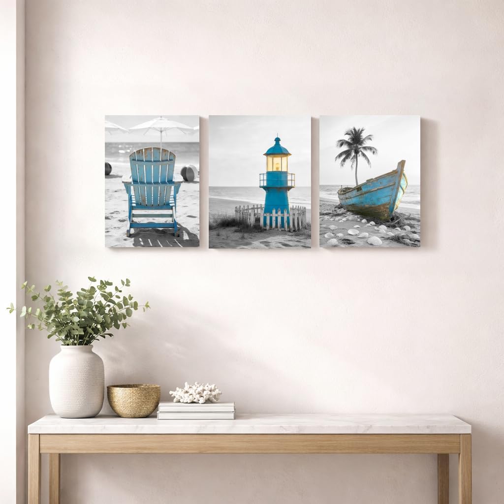 Artiluxy Coastal Canvas Wall Art Set of 3, 12x16 Inch Beach Photography Wall Decor, Blue Accent Nautical Coastal Artwork with Lighthouse Boat for Bathroom Living Room, Ready to Hang (Blue)