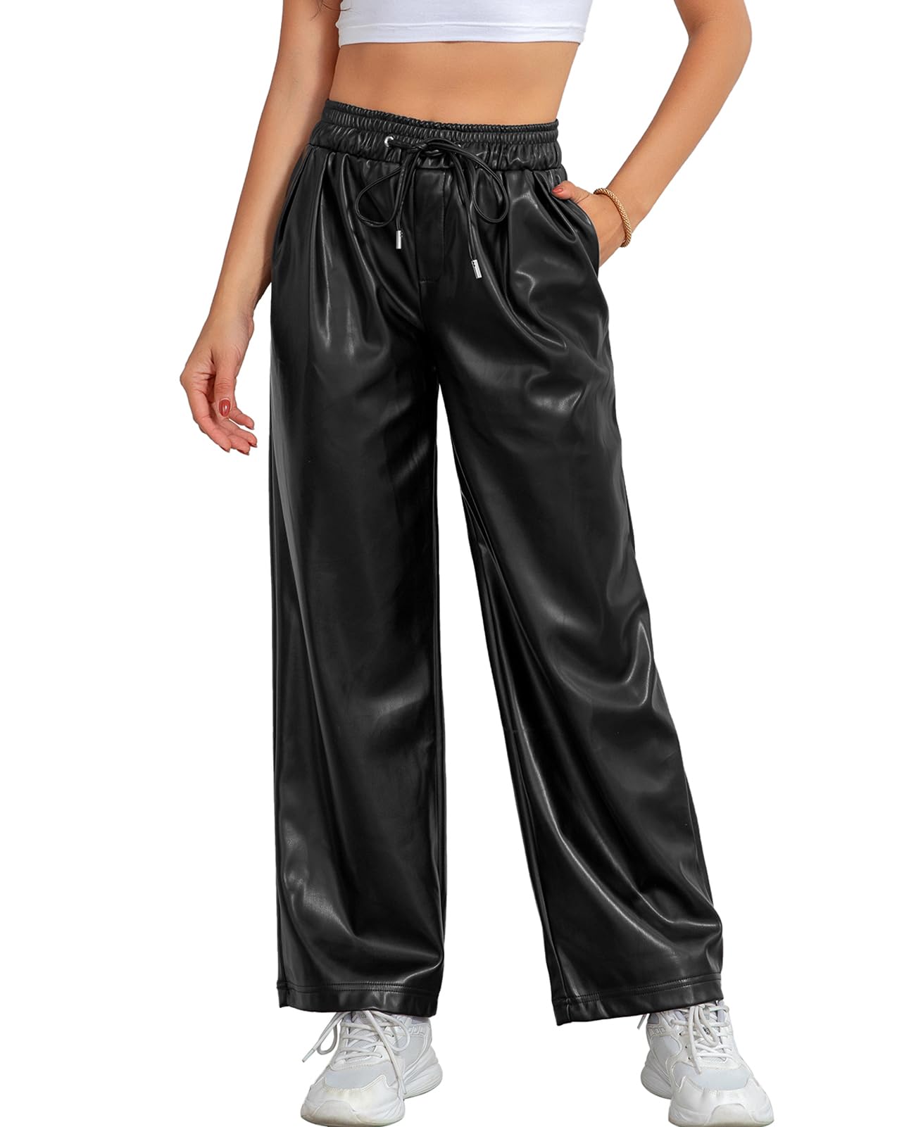 RAMISU Womens Faux Leather Pants High Waisted Straight Leg Trousers Elastic Drawstring Wide Leg PU Pants with Pockets