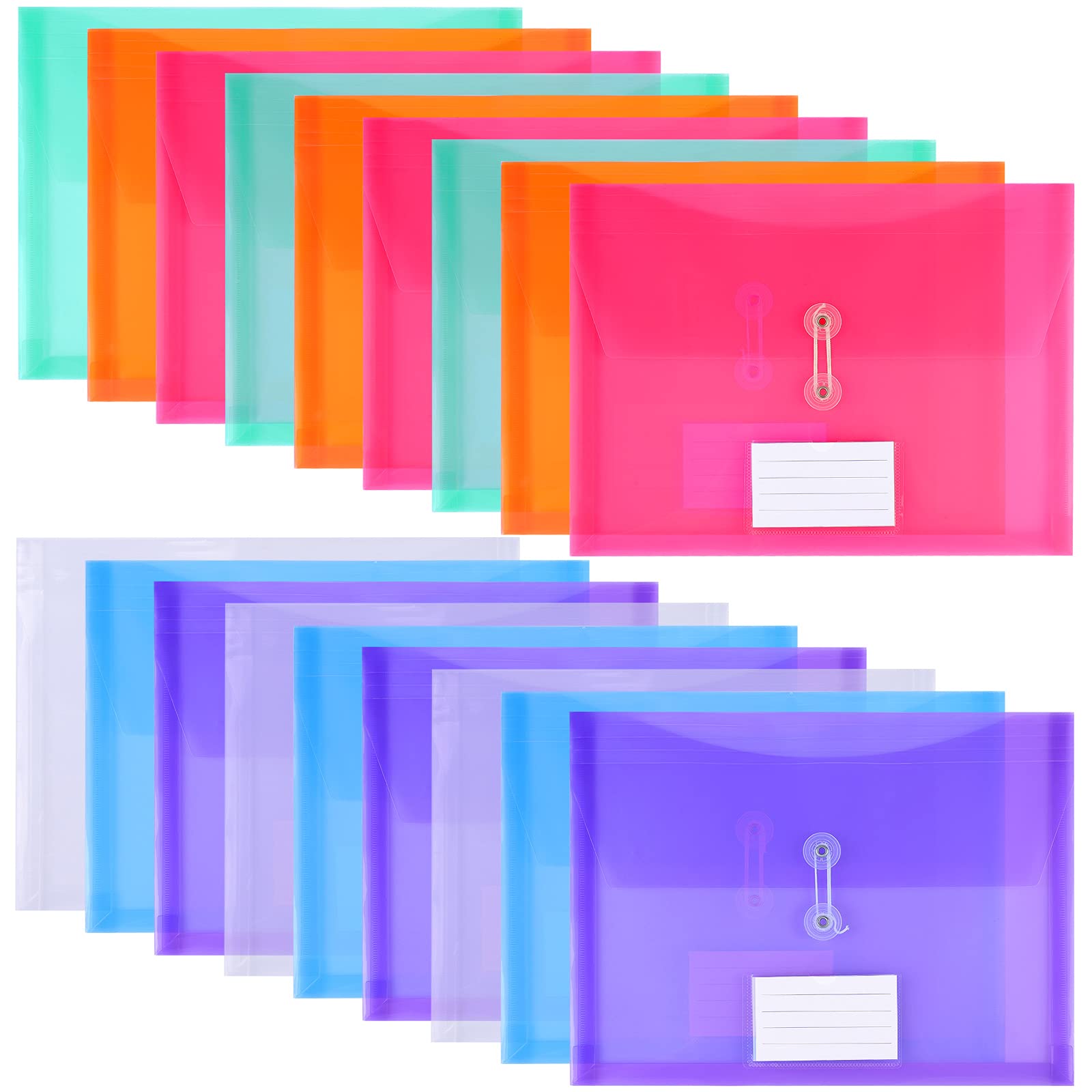 Aodaer 18 Pack Project Pockets with Button & String Plastic Envelope File Folder Jacket Document Organizer for Office School Home,12.6 x 9.45 Inches, 6 Colors, Horizontal