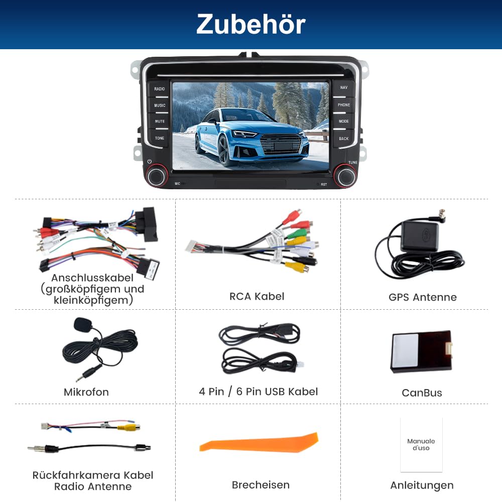 Junsun Android Autoradio für Volkswagen, Golf 5, Golf 6, Seat, Skoda 2GB+64GB with 7 Zoll Touchscreen CarPlay, Android Auto, Bluetooth Navigtion Lenkradsteuerung