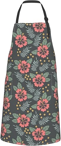 Delantal de flores tropicales y hojas de palmera, delantales ajustables con 2 bolsillos para mujeres y hombres, delantal impermeable para pintar,
