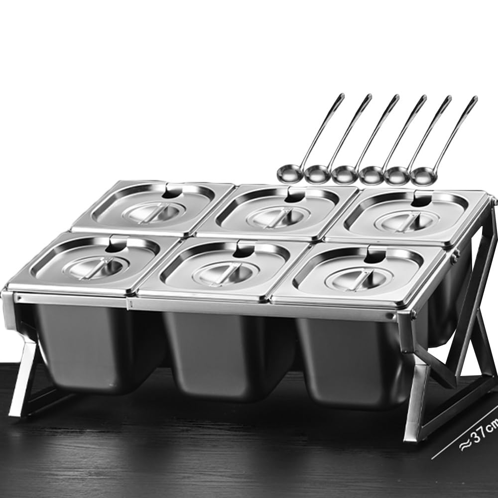 Soporte de cocina de acero inoxidable de 10 sartenes Set organizador de especias con tapas cucharas, 2 fila encimera inclinada estante de condimento, contenedores buffet titular para