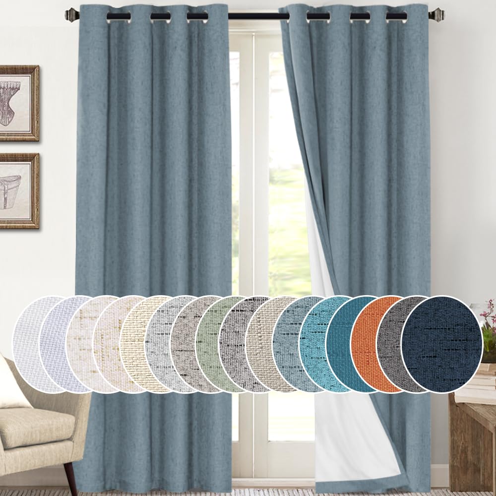 PrinceDeco 100% Blackout Curtains 108 inches Long Linen Blackout Curtains for Bedroom Living Room Black Out Darkening Curtain Thermal Insulated