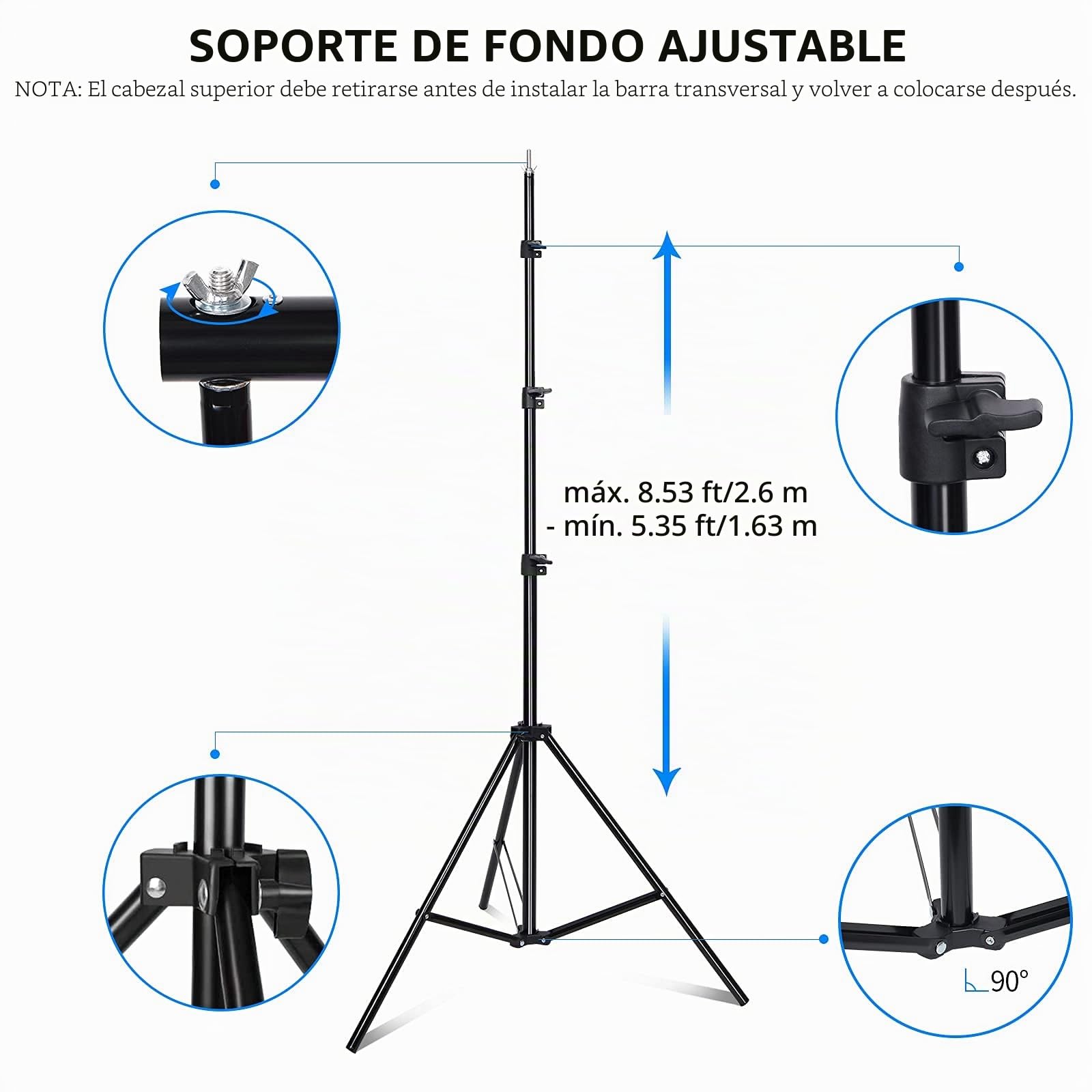 Kit de Soporte para Fondos 2,6 X 3 M Ajustable, Portafondos con 3 Telones de Fondo de Poliéster (Blanco, Negro, Verde) y 8 Pinzas para Estudio Fotográfico, Videos y Retratos
