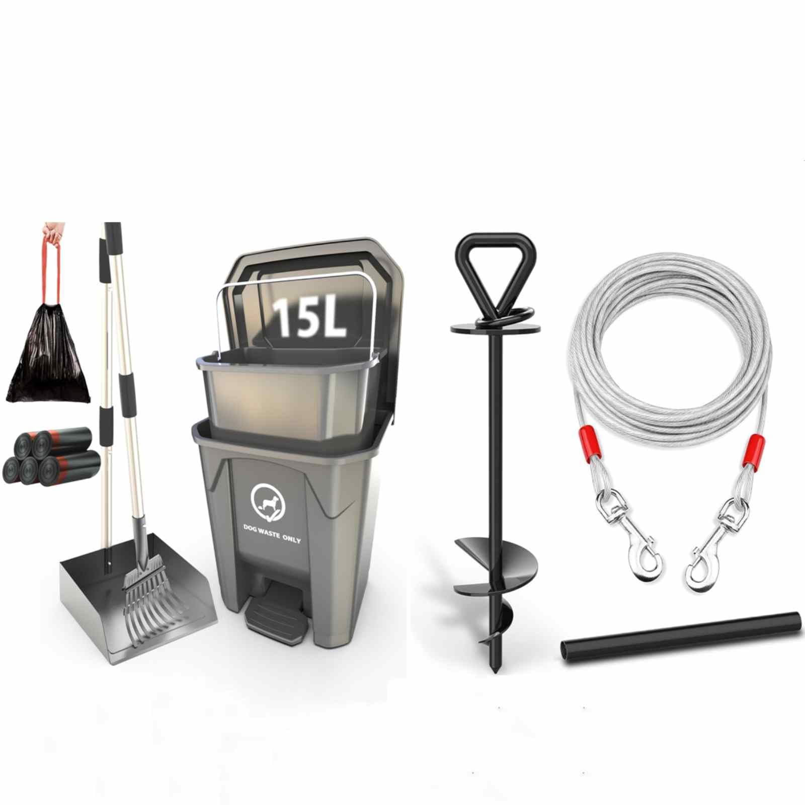 Meegood 15L/4Gallon Dog Poop Trash Can for Outdoors with Pooper Scooper and 25 ft Dog Tie Out Cable and Stake