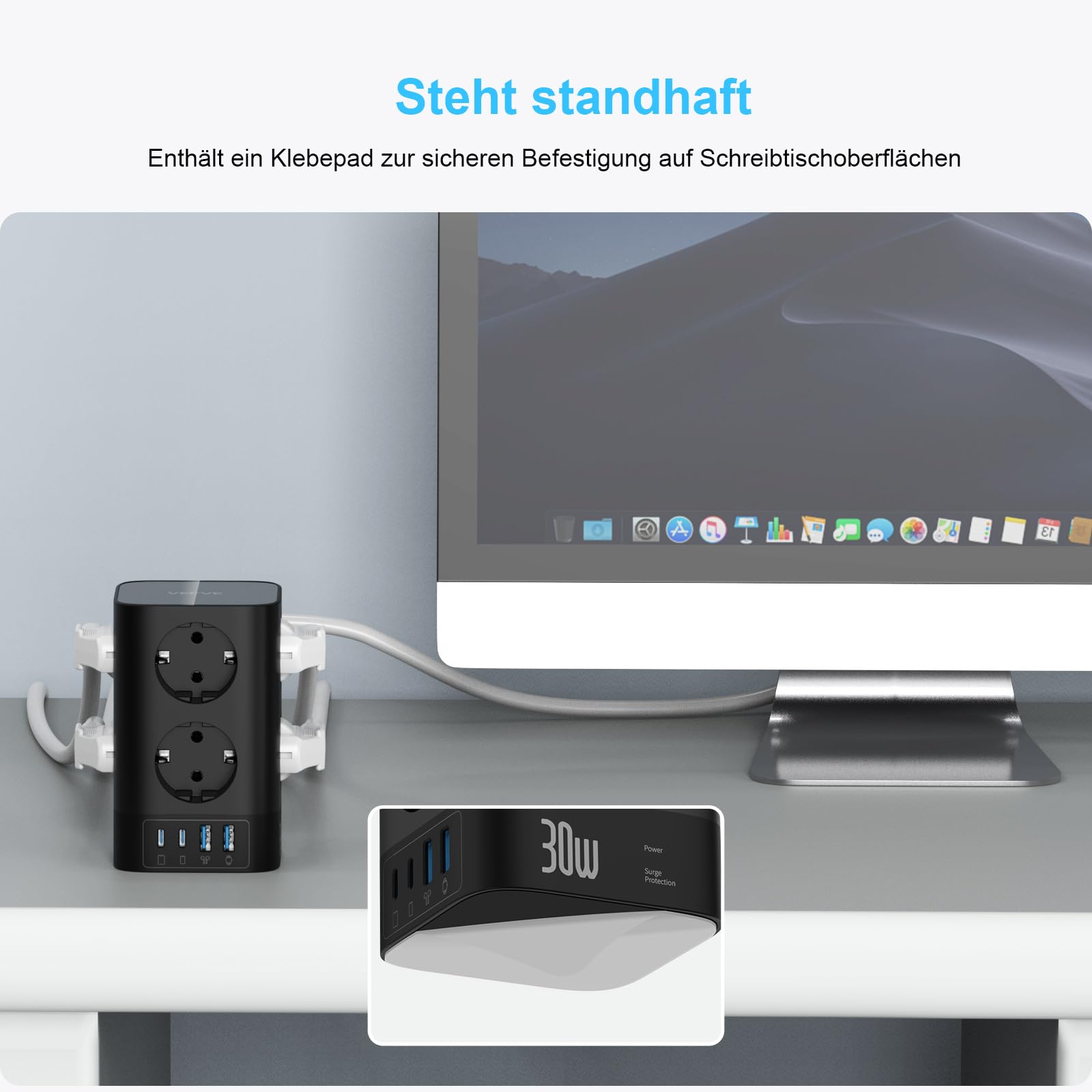 VEFVE Multiprise Tour 12 en 1 (4000W 16A), Bloc Prise Parafoudre avec USB C 30W GaN Charge Rapide, 8 Prises Françaises et 4 USB, Interrupteur, Câble 3m, Noir