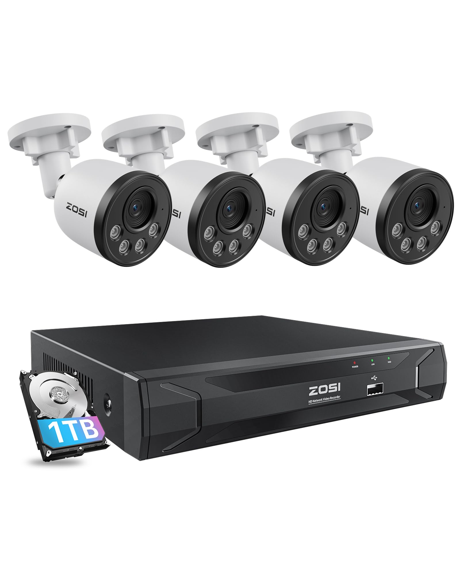 ZOSI 5MP 8CH PoE Security Camera System with Audio, 4pcs Outdoor PoE Cameras, Night Vision, Smart Human Detection, Remote Access, H.265+ 8 Channel 5MP 3K Home NVR with 1TB HDD for 24/7 Recording