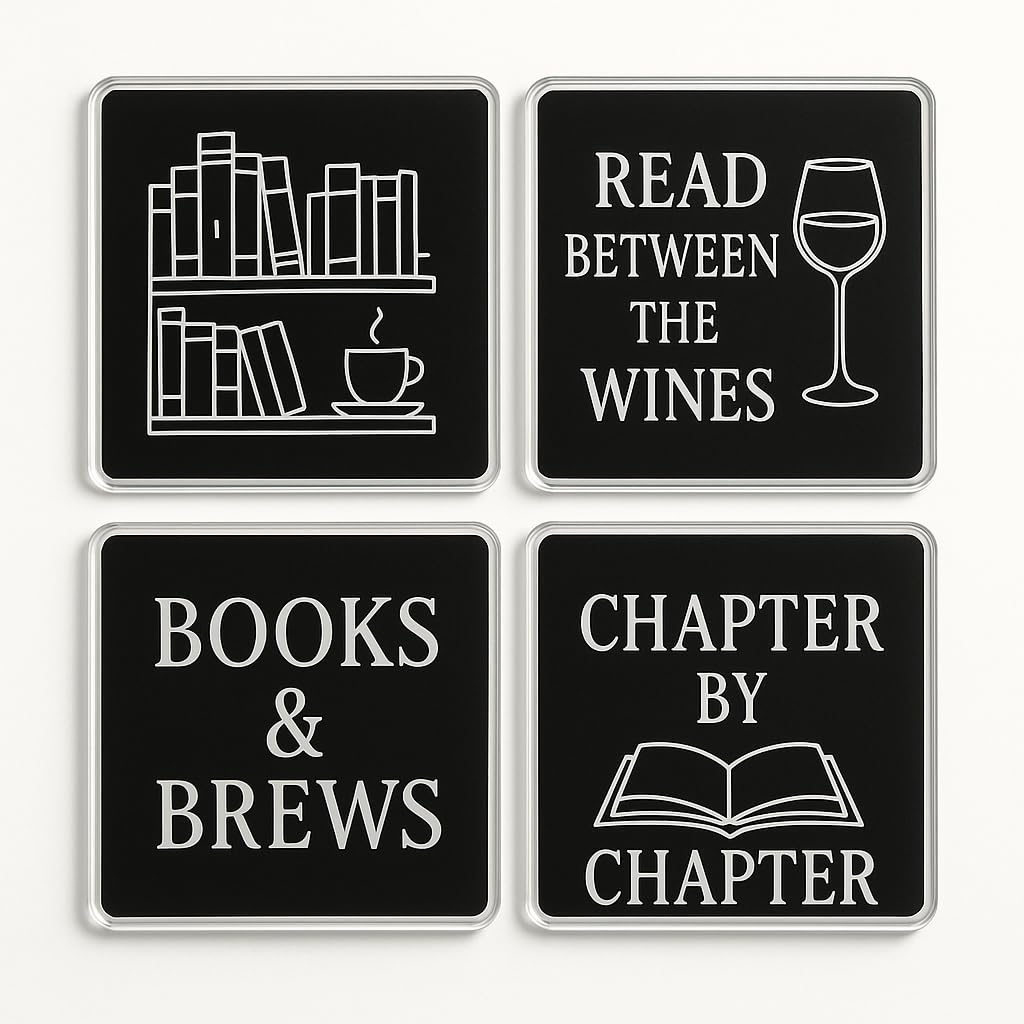 The Plum Penguin Literary Lines Acrylic Coaster Gift Set Of 4 With Literary Design - Playful Book Lover Decor For Booktok Enthusiasts