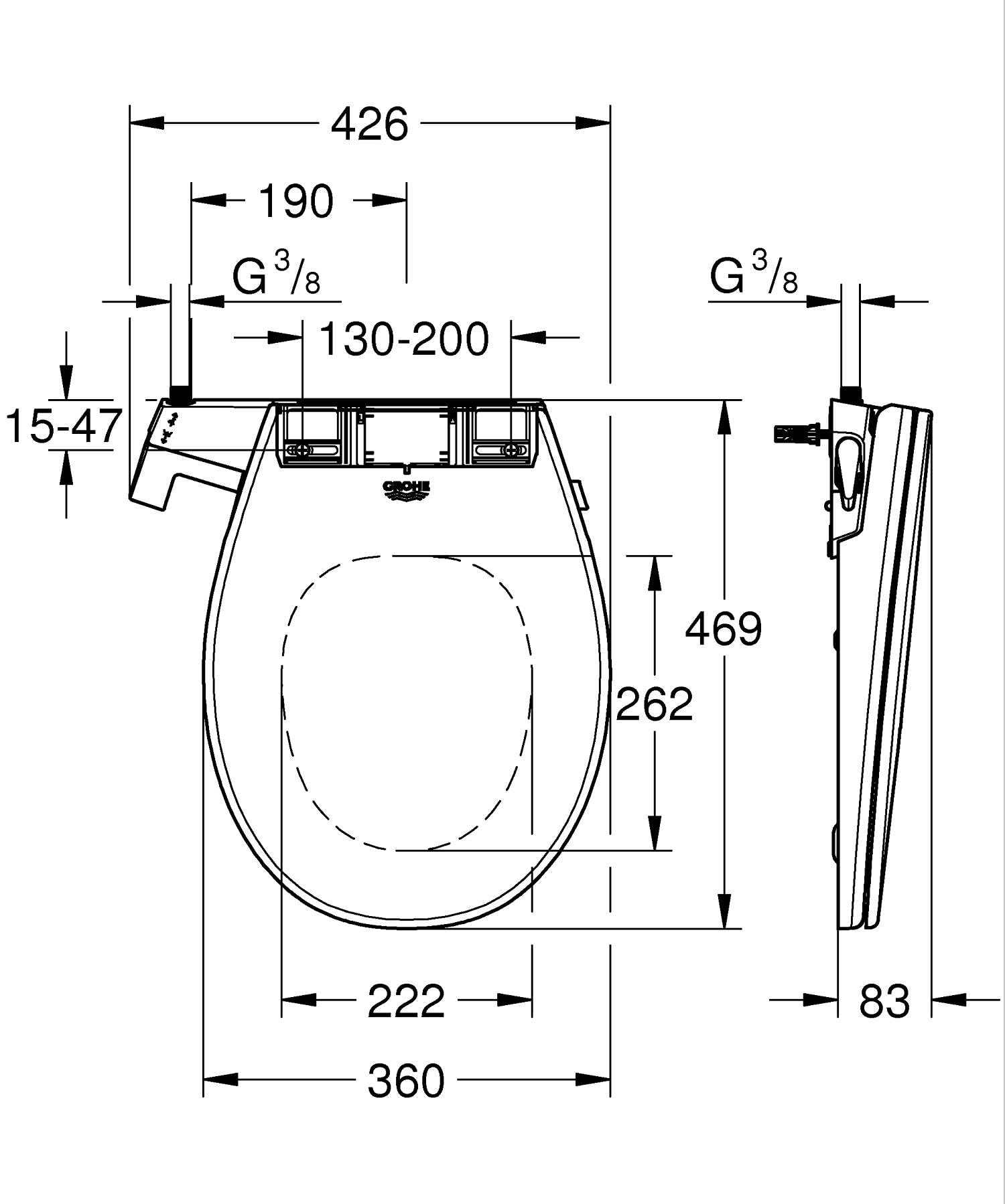 GROHE BAU Ceramic Asiento de bidé manual con tapa, ambos con caída amortiguada (asiento Duroplast, sin electricidad, 2 brazos autolimpiables, toma de agua 3/8"), 39648SH0