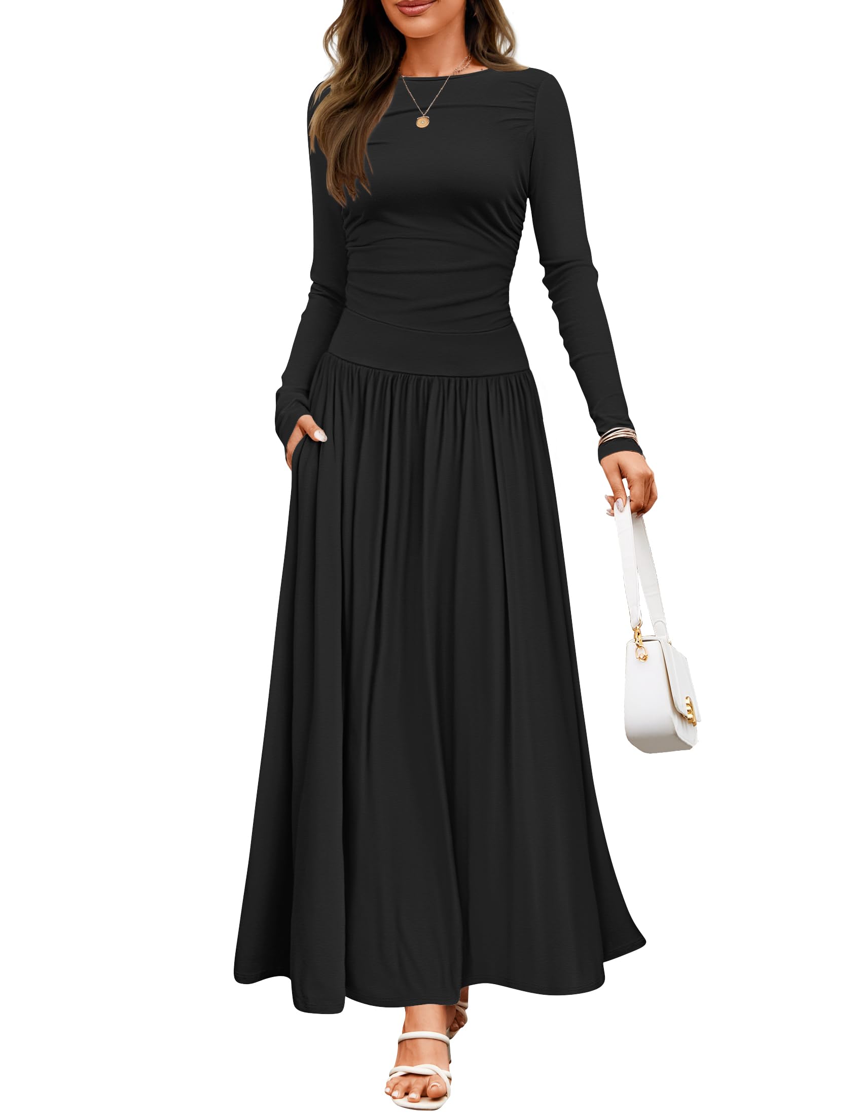 ZESICA Womens Long Sleeve Fall Maxi Dress 2026 Crewneck Knit Casual Slim Swing Pleated Dresses with Pockets
