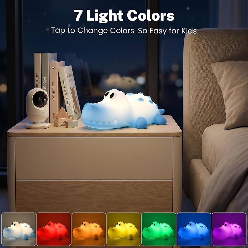 Luce Notte per Bambini a LED, Luce Notte a Forma di Coccodrillo per Neonati 3000K Lampada Calda e Modalità RGB Lampada per Bambini in Morbido Silicone con Timer da 30 Minuti,Blu