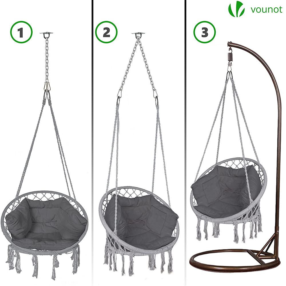 VOUNOT® Fauteuil Suspendu à Franges avec Coussins de Siège Confortables et Kit de Suspension Durable Ø80cm Chaise Balançoires pour Intérieur et Extérieur Siège Suspendu Gris