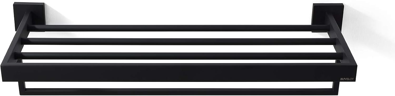 Towel Rack, Towel Shelf for Bathroom, Square Modern Hotel Style Towel Rack with Shelf, 24Inch, Matte Black, Wall Mounted, No Assembly, 071100-MB Les Series