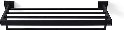 Miniatura 6 de Toallero, toallero para baño, toallero cuadrado moderno estilo hotel con estante, 24 pulgadas, negro mate, montado en la pared, sin montaje, serie
