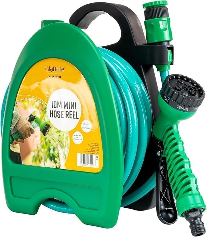 GloBrite Avvolgitubo da Giardino con Tubo Acqua 10 m e Pistola a 7 Getti, Avvolgitubo da Parete Compatto con Ugello Regolabile per Balconi, Vasi, Pulizia Esterni, Patio e Piccoli Spazi di Casa
