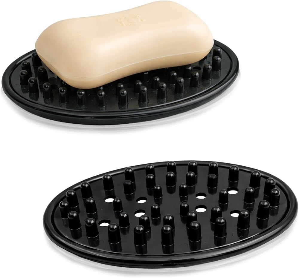 2-Pack Plastic Soap Saver Dish, Bar Soap Holder Tray with Drainage for Bathroom, Shower or Kitchen Sink, Black Clear (11.5 × 8 × 2 cm) — 사진 1