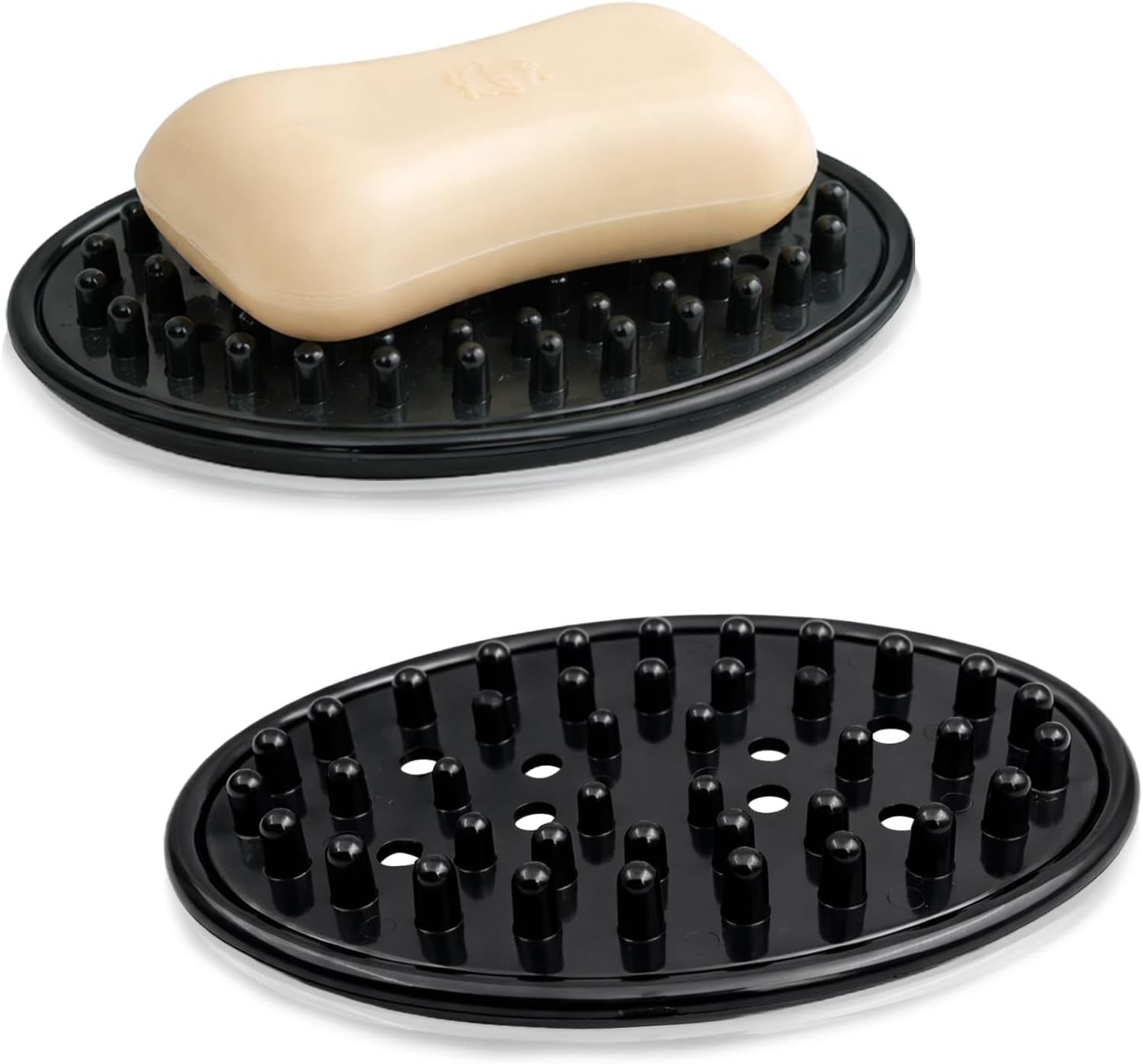 2-Pack Plastic Soap Saver Dish, Bar Soap Holder Tray with Drainage for Bathroom, Shower or Kitchen Sink, Black Clear (11.5 × 8 × 2 cm) ﻿