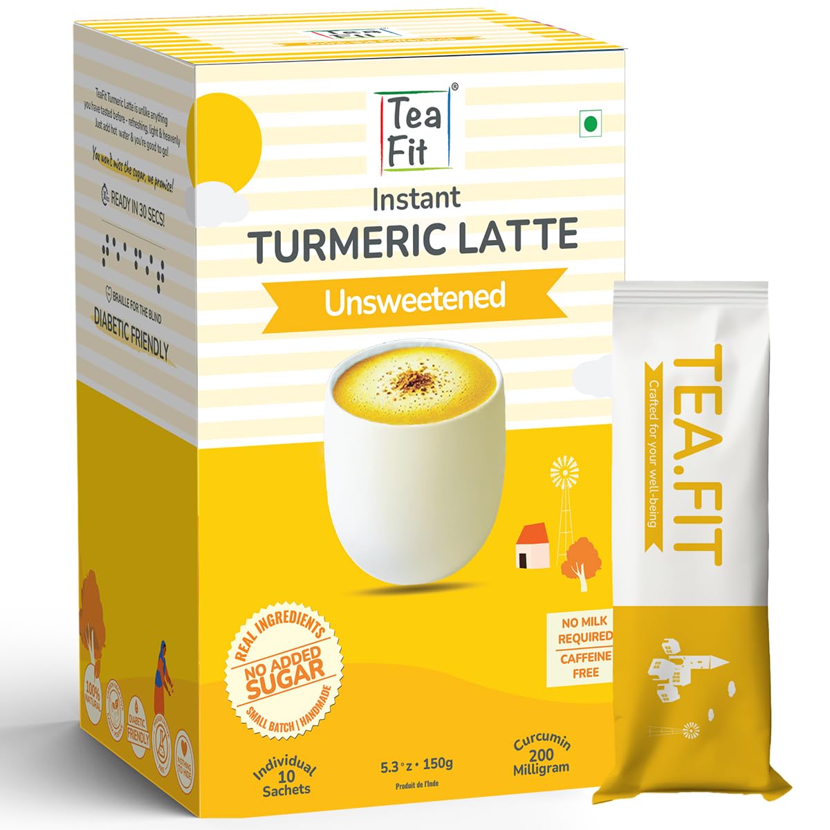 TeaFit NO SUGAR Instant Turmeric Latte | Healing Haldi Doodh | 10 Sachets (150gm) | Get Good Sleep | Ayurvedic Remedy | Diabetic-Friendly | With Lakdadong Turmeric