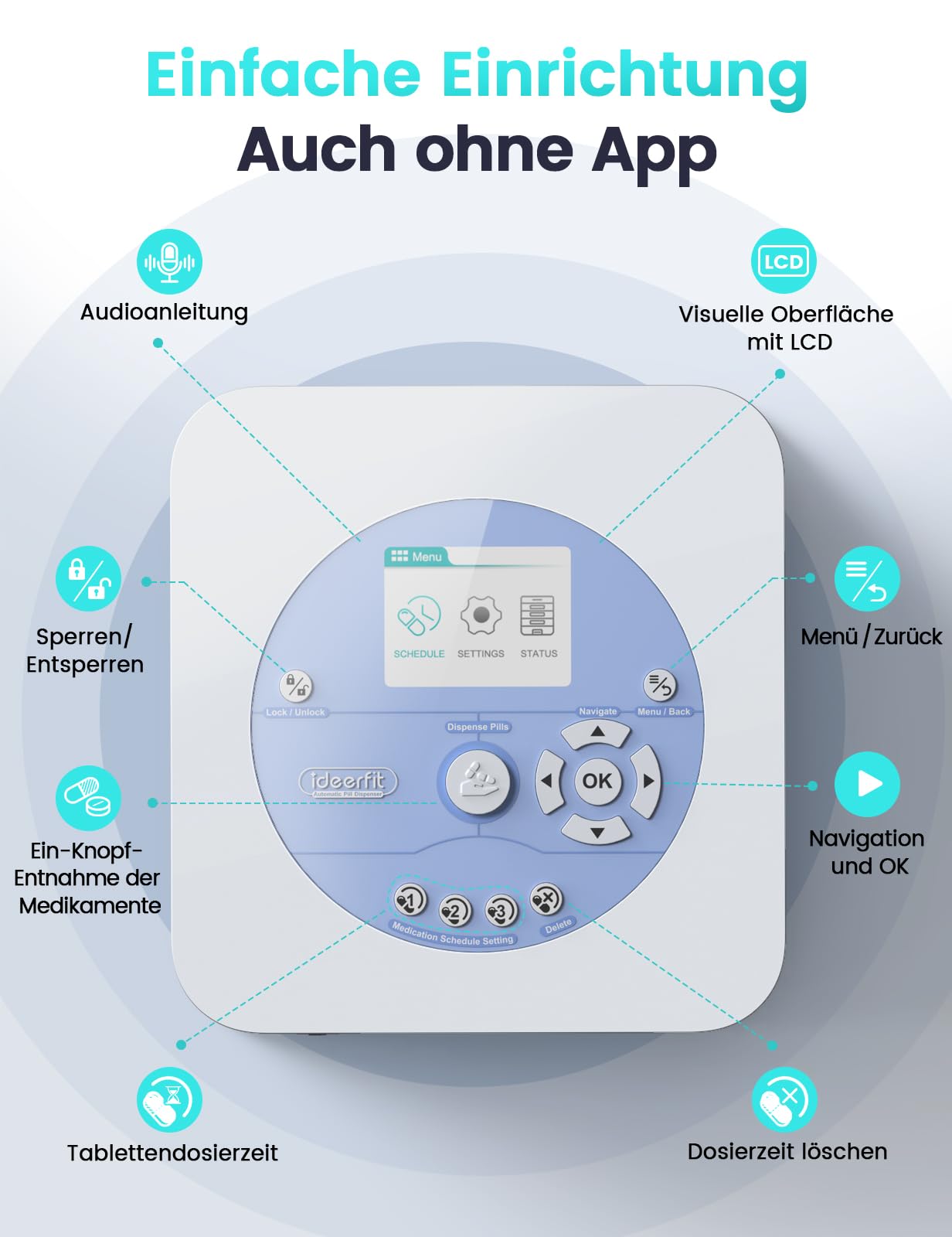 Intelligente Tablettenbox App LCD 42 Tage 3 Fächer | App und LCD, digitales Schloss, Licht- und Tonalarm, 3 Fächer, 42 Tage Vorrat, für Senioren