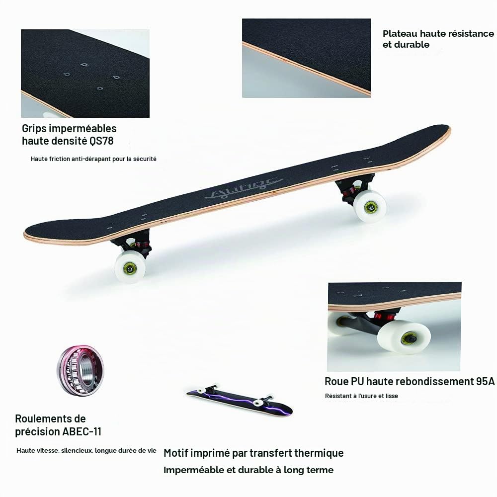 Skateboard Standard de 31 Pouces, 7 Couches de Planche en érable, adapté aux Adolescents, Adultes, débutants et Professionnels, avec Une Charge maximale de 150 kg