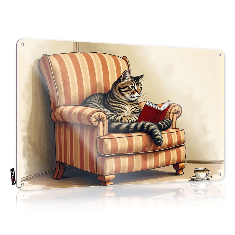 Fzfn Colour Farm Kitchen Decor Essentials Decoration | A Cat Reading A Book On A Striped Armchair. Industrial Decorative Wall Art Ready To Hang For Dorm(30X40cm)