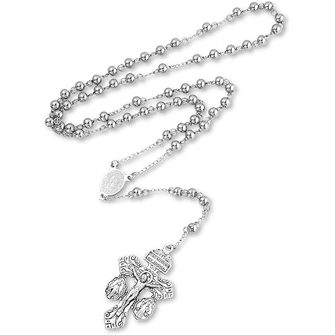 SANDOO Pardon Crucifix Necklace with Stainless Steel Rosary Beads - Cruz Del Perdon Catolica with St Benedict Medal,Crucifijo Del Perdon,Regalo Religioso Católico De Para Hombres Y Mujeres