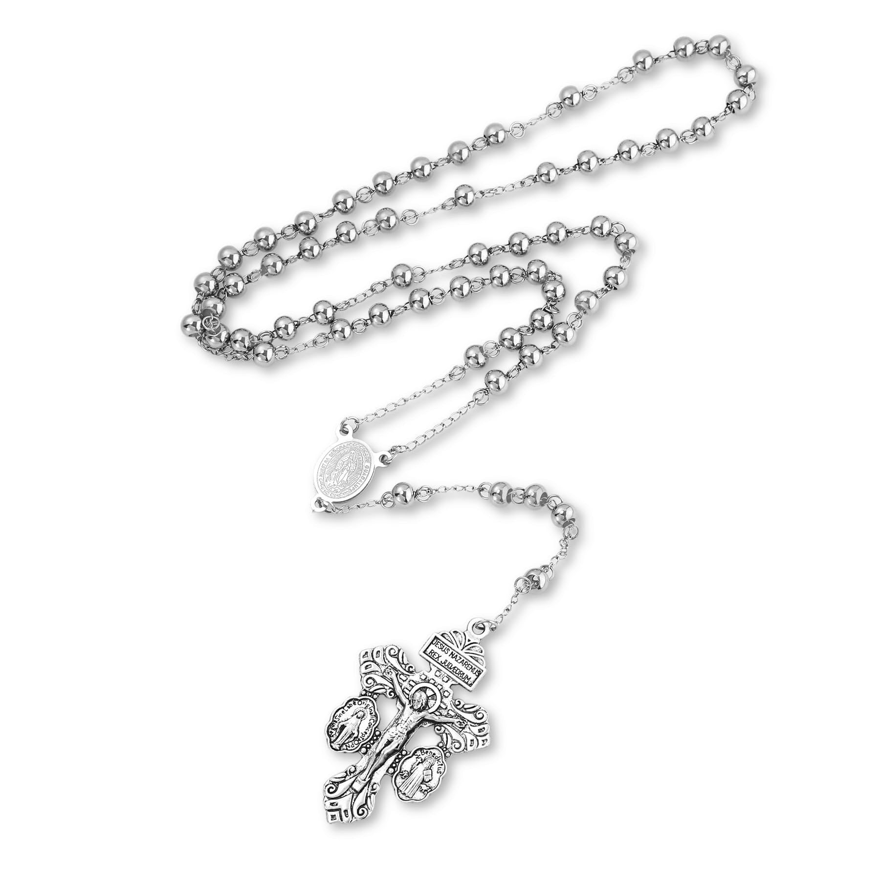 SANDOO Pardon Crucifix Necklace with Stainless Steel Rosary Beads - Cruz Del Perdon Catolica with St Benedict Medal,Crucifijo Del Perdon,Regalo Religioso Católico De Para Hombres Y Mujeres