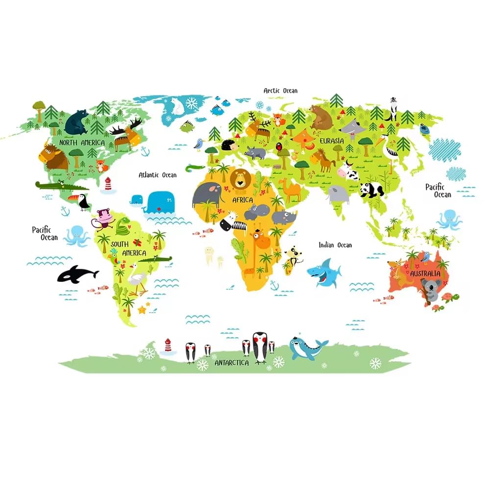 AMERTEER Wall Decals, Removable World Map Wall Stickers, PVC Cartoon Wall Mural for Kids Nursery Playroom Bedroom Classroom Kindergarten Wall Decor (World Map)