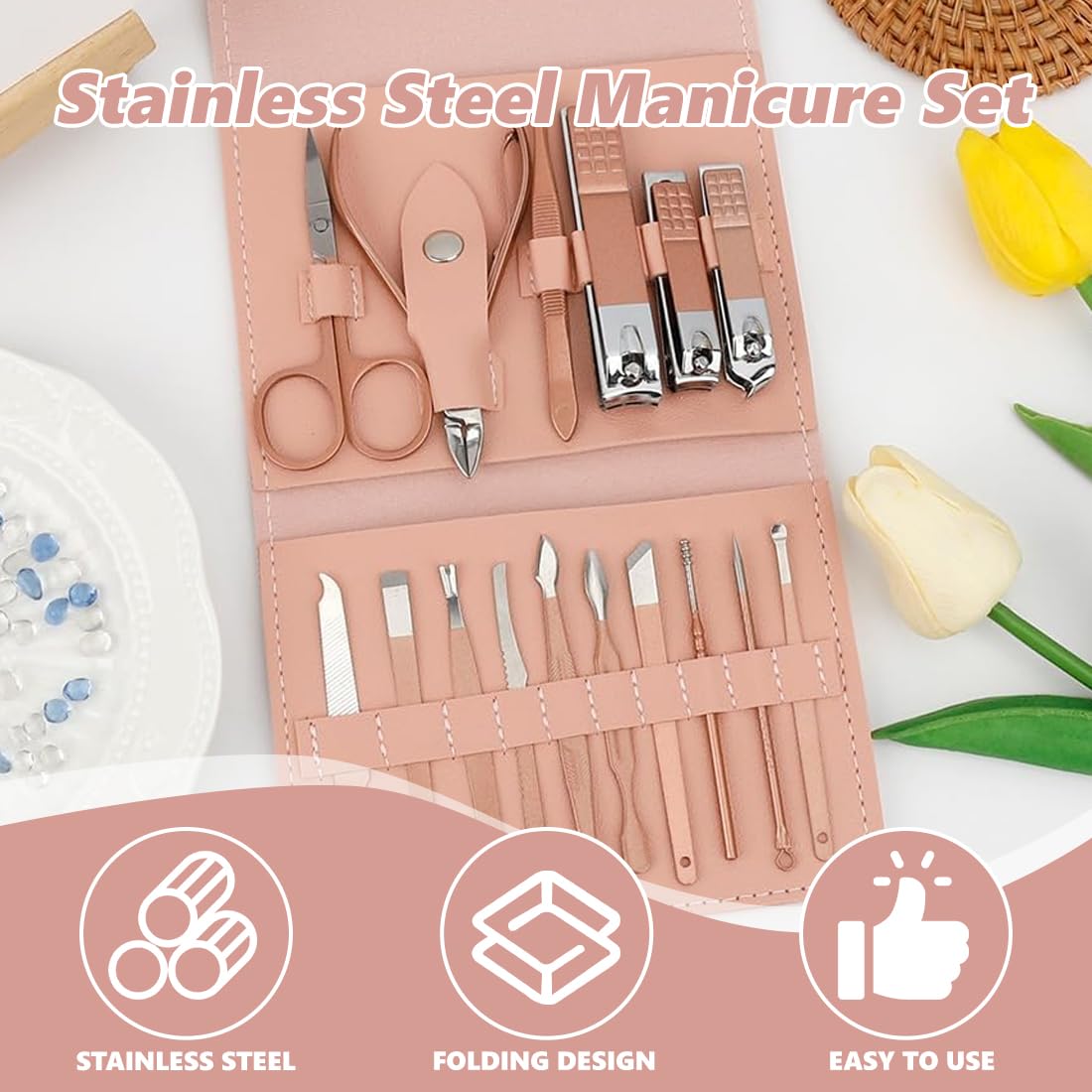 Kit Manucure Pédicure 16 Pièces Professionnel En Acier Inoxydable - Couleur Rose