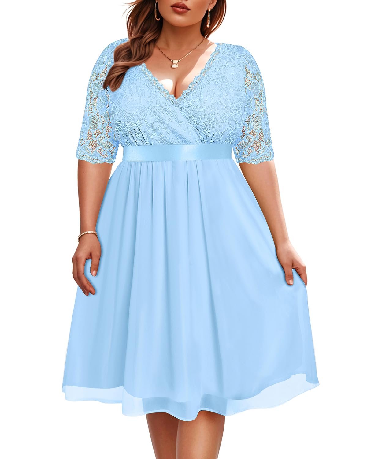 Midi Dress Royal Blue Lace Dress Plus Size Plus Size Puff Sleeve