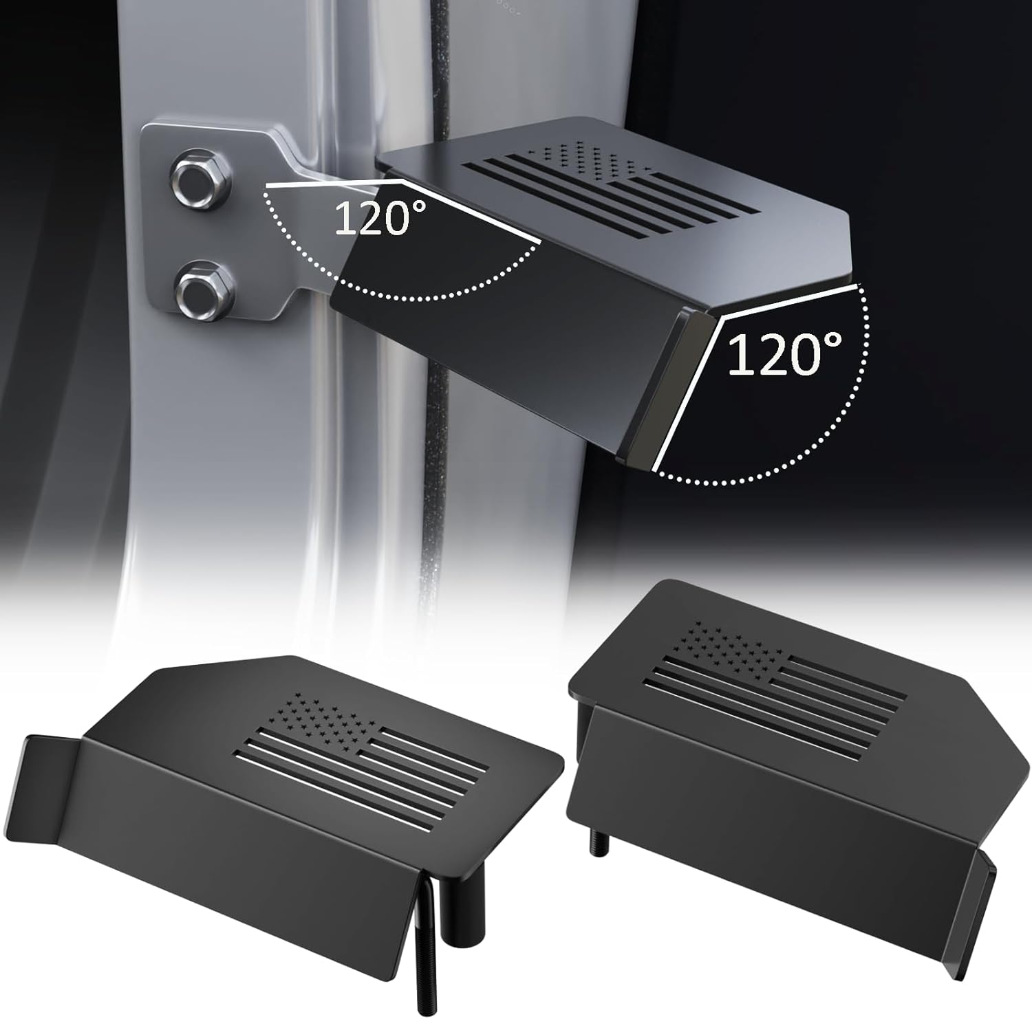 Upgraded 120° Wrangler Foot Pegs Compatible with Wrangler JK JL Gladiator JT 2007 to 2024, Exterior Door Hinge Metal Powder Coating Rest Pedals with US Flag Foot Rest Kick Panel Accessories